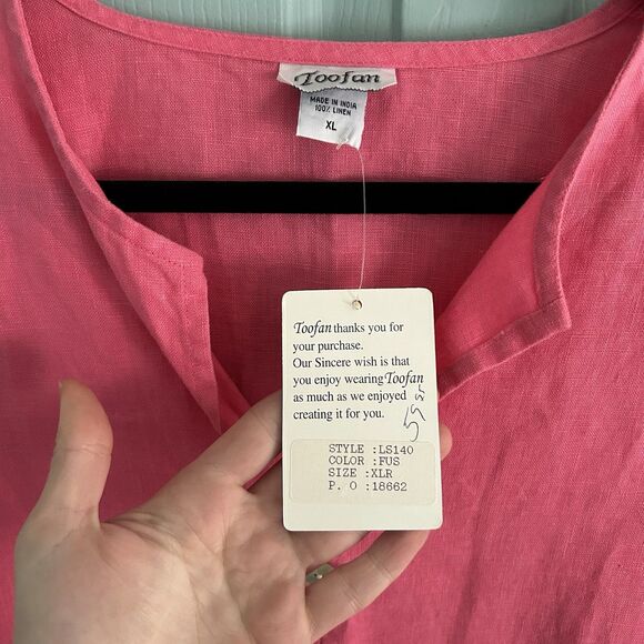 Toofan Womens Linen Pink V-Neck Tunic Blouse XL Relaxed Lagenlook Coastal - Picture 3 of 11